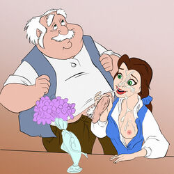 1boy 1girls accurate_art_style beauty_and_the_beast belle belle_(beauty_and_the_beast) breasts breasts_out brown_hair cum cum_on_breasts cum_on_face daughter disney disney_princess ejaculation fat_man father father_and_daughter female flowers french french_female green_eyes handjob holidays human incest male maurice_(beauty_and_the_beast) moustache nipples old_man parted_lips penis satisfied satisfied_look satisfied_smile simple_background smiling veiny_penis white_hair