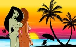 2girls aged_up alternate_version_available arms_behind_back back_view bare_shoulders beach big_breasts black_hair building busty butt_crack chair cleavage curvy detailed_background disney duo erect_nipple erect_nipples eyeshadow female female_only fnbman front_view green_eyes green_lipstick green_nipples hairy_pussy hand_behind_back hands_behind_back hourglass_figure human kim_possible kimberly_ann_possible lipstick long_hair looking_at_viewer makeup multiple_females multiple_girls naked necklace nipple_bulge nipples nude older open_mouth orange_hair outdoor outside pose posing pubes pubic_hair shego shiny shiny_skin standing sun sunset swimsuit teenage text tree umbrella voluptuous water wide_hips yuri