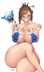 <3_eyes areolae bangs big_breasts bikini blizzard_entertainment blue_bra body_writing breasts brown_eyes brown_hair cleavage clothed covered_nipples crossed_legs curvy drone female frilled_bra full_cleavage glasses harry_(dudwofla) heart-shaped_pupils hourglass_figure huge_breasts long_breasts mei_(overwatch) nipples overwatch puffy_nipples robot snowball_(overwatch) thick_thighs thighs voluptuous wide_hips