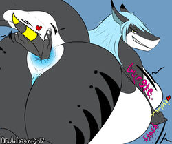 ambiguous_species anal_vore anna_(orcasanddragons) anthro anus ass belly big_belly breasts female fish male marine orcasanddragons shark vore