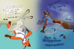 2017 anal anthro buttplug canine colored cowgirl_position crying dimples_of_venus disney duo english_text female fox fur girl_on_top ipod judy_hopps lagomorph lube male mammal medium_breasts mrponeswildride musical_note nick_wilde nude on_top penetration purple_eyes pussy rabbit sex sex_toy simple_background straight tears text tie_pull vaginal_penetration zootopia