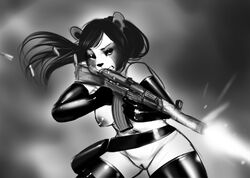 ak-47 anthro armwear assault_rifle bear big_ears black_hair black_nose breasts chanrom clothing female gun hair legwear long_hair mammal nipples panda pussy ranged_weapon rifle satchel shell_casing solo weapon