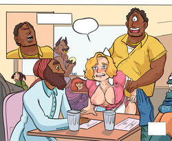 audience brave_chef_brianna breasts comic_book dark-skinned_male dark_skin from_behind hanging_breasts large_breasts multiple_males ogre waitress