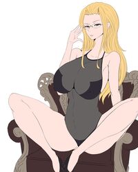 adjusting_glasses artist_request blonde_hair female female_only fully_clothed glasses high_heels kalifa large_breasts long_hair no_bangs on_chair one_piece see-through_clothing spread_legs