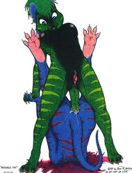 1990s 1997 20th_century anal anal_sex anthro anus ass_up blue_eyes breasts claws desiree_(jmh) duo female hair hand_holding hindpaw james_m_hardiman lizard multicolored_hair nude open_mouth paws penetration pussy red_hair reptile reverse_piledriver_position scalie sex simple_background spread_toes stripes tail_sex toe_claws white_background yuri