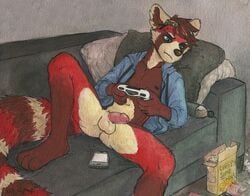 anthro balls blue_eyes bottomless brown_fur casual_nudity clothed clothing eyewear flaccid fur goggles humanoid_penis male male_only mammal navel nipples nude open_jacket penis phone pillow playstation_4 red_fur red_panda sicklyhypnos sitting sofa solo timburrs white_fur