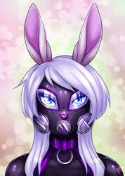 audiovideomeow blue_eyes bunny_ears eyeshadow gas_mask kaliki kulkun latex looking_at_viewer white_hair