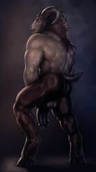 anthro balls big_penis bovine flaccid horn humanoid_penis looking_back male male_only mammal minotaur muscular open_mouth partially_retracted_foreskin penis rakisha solo standing uncut