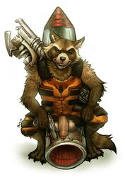 balls brown_fur chumbasket clothing fur guardians_of_the_galaxy gun humanoid_penis looking_at_viewer male male_only mammal marvel nude penis raccoon ranged_weapon rocket_raccoon solo uncut weapon