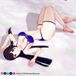 abby_(igneuzz) black_hair blue_bra blue_lingerie blue_thong ecchi fishnet_legwear fishnets igneuzz lingerie lingerie_only looking_at_viewer posing posing_for_the_viewer red_eyes tagme thong