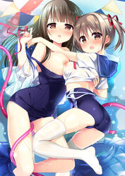 2girls :o arm_around_back ass bangs blouse blue_ribbon blue_skirt blush breasts brown_eyes brown_hair clothing eyebrows_visible_through_hair hair_between_eyes hair_ornament hair_ribbon hairclip half-closed_eyes highres hose large_breasts long_hair looking_at_viewer medium_breasts multiple_girls nagayama_yuunon open_blouse open_clothes open_mouth original pennant pleated_skirt ribbon school_swimsuit school_uniform see-through serafuku short_hair sidelocks skirt skirt_removed swimsuit swimsuit_pull thighhighs thighs wet white_legwear