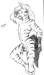 2010 against_wall anthro balls biped black_and_white equine fur hair long_hair long_tail looking_at_viewer male male_only mammal monochrome navel nipples nude pencil_(artwork) penis pinup portrait pose simple_background snout solo striped_fur stripes stripes_(character) tabibito three-quarter_portrait traditional_media_(artwork) white_background zebra