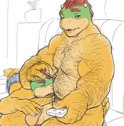 2boys balls blush body_hair bowser bowser_jr. clothing controller gay hairy incest indoors inside koopa lying male male_only mario_(series) multiple_boys muscular nintendo on_stomach open_mouth penis remote_control rowf shorts sitting sofa video_games yaoi