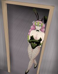 big big_breasts bunny_ears bunnygirl bunnysuit crosshatching green_eyes high_resolution highres kanroji_mitsuri kimetsu_no_yaiba mitsuri_kanroji pink_hair voluptuous voluptuous_female zmart1ns