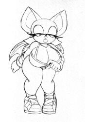 anthro bat big_breasts big_thighs eyelashes monochrome omegasunburst rouge_the_bat shoes sonic_(series) thigh_clothes