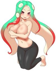 big_breasts covering_breasts green_hair hand_on_breast nobunagapero octoling octoling_girl peronattu red_hair splatoon splatoon_(series) splatoon_3 tongue_out white_background yoga_pants