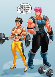 2d 2girls abs big_muscles blizzard_entertainment boots breasts brown_hair extreme_muscles female female_only fingerless_gloves gloves green_hair muscles muscular_female overwatch pegius pink_hair scar sweat tattoos thunder_thighs tracer veins weightlifting weights zarya