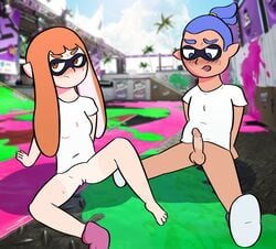 1boy anthro blue_eyes blue_hair blush bottomless cabbage cephalopod cephalopod_humanoid female humanoid inkling inkling_boy inkling_girl john_(splatoon) kaori_(splatoon) mask_(marking) nintendo orange_eyes orange_hair penis pink_shoes pointy_ears pointy_hair ponytail pussy shoes splatoon squid sweat tentacle tentacle_hair twintails uncensored white_shirt