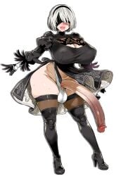 2b ai_assisted big_breasts big_hips big_lips big_penis black_dress futanari high_heels nier:_automata short_hair sultrybunny thigh_high_boots thigh_high_stockings transparent_background white_hair