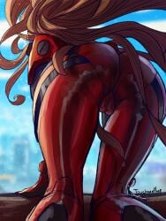 1girls all_fours ass asuka_langley_sohryu back_view blonde_hair bodysuit cameltoe long_hair neon_genesis_evangelion plugsuit skintight solo touchme4lln8