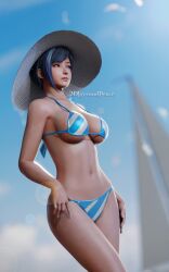 3dloveandpeace alluring bare_legs big_breasts bikini black_and_blue_hair blue_eyes cleavage dead_or_alive dead_or_alive_xtreme_venus_vacation female pin_up reika_(doa) summer_hat tecmo