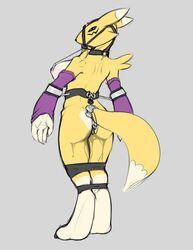 2017 anthro areola ass big_breasts black_sclera bondage bondage bound breasts clothing collar cuffs_(disambiguation) digimon digital_media_(artwork) female fur gag gloves ivory-raven looking_at_viewer mammal nipple_piercing nipples nude piercing renamon sex_toy simple_background solo standing vibrator white_fur yellow_fur