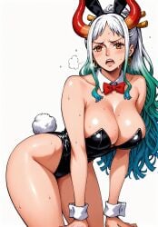 ai_generated alluring almost_naked almost_nude big_breasts big_breasts blue_hair blush blush breasts breasts bunny bunny_costume bunny_ear bunny_ears bunny_girl bunny_suit bunny_tail bunnygirl bunnysuit earring earrings green_hair hair_ornament long_hair looking_at_viewer multicolored_hair one_piece open_mouth orange_eyes seducing seduction seductive seductive_body seductive_eyes seductive_gaze seductive_look seductive_mouth seductive_pose seductive_smile shiny_hair shiny_skin steamy_breath sweat sweatdrop sweating sweaty sweaty_body voluptuous voluptuous_female white_hair yamato_(one_piece) yashin