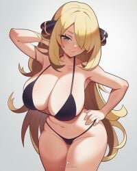 big_breasts bikini blonde_hair breasts cleavage cynthia_(pokemon) female female_only flipherrrr gray_eyes nintendo pinup plain_background pokemon pokemon_bw tagme thick_thighs white_background