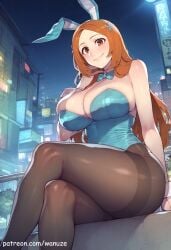 ai_generated alley big_ass big_breasts big_butt big_thighs bleach blue_leotard blush bow college crossing_legs huge_ass huge_breasts huge_butt huge_thighs inoue_orihime leotard night orange_eyes orange_hair pantyhose playboy_bunny rabbit_ears rabbit_girl rabbit_tail sitting smile wanuze wide_hips