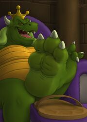 2016 3_toes anthro barefoot belly bowser castle chair claws clothing digital_media_(artwork) edit feet footwear grin hi_res king_koopa koopa lizard male male_only mario_(series) musk naughty_face nintendo nude overweight plantigrade reptile riproarrex sandal scalie shaded sitting smile soles solo sweat the_super_mario_bros._super_show! throne toe_claws toes toony video_games