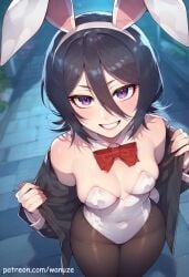 ai_generated big_ass big_butt big_thighs black_hair bleach blush bow college from_above huge_ass huge_butt huge_thighs kuchiki_rukia leotard open_clothes pantyhose playboy_bunny purple_eyes rabbit_ears rabbit_girl rabbit_tail short_hair small_breasts standing wanuze white_leotard wide_hips