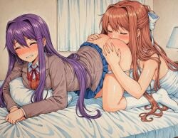 2girls ai_generated all_fours alternate_hairstyle anilingus anilingus_from_female ass ass_blush ass_grab bed_sheet blazer blush bow brown_jacket clenched_hands clenched_teeth closed_eyes clothed_sex collared_shirt doki_doki_literature_club duo embarrassed eyebrows_visible_through_hair female female_focus female_only hairbow hairclip indoors jacket lesbian_sex long_hair monika_(doki_doki_literature_club) on_bed oral oral_sex panties panties_down pillow rimming rimming_female school_uniform self_upload sex socks stable_diffusion sweatdrop tyto4tme4l white_socks yuri yuri_(doki_doki_literature_club)