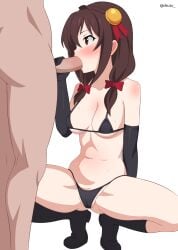 1boy bikini black_bikini black_gloves black_thighhighs blush bow braid breasts brown_hair cameltoe crown_braid dsuzu elbow_gloves fellatio female gloves hair_ornament hairbow highres kono_subarashii_sekai_ni_shukufuku_wo! large_breasts long_hair oral penis profile red_eyes squatting straight swimsuit thighhighs yunyun_(konosuba)