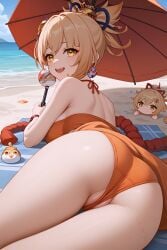 1girls ai_generated arm_tattoo bangs big_ass big_breasts big_butt bikini blonde_female blonde_hair blonde_hair genshin_impact hair_ornament high_resolution highres hoyoverse jasse puffy_pussy pussy tagme yoimiya_(genshin_impact)