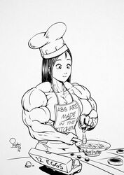 apron biceps big_muscles cooking egg female hat monochrome muscles muscular_female pegius solo