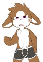 1boy 2017 4_fingers anthro bandage boxer_briefs brown_fur bulge chest_tuft clothed clothing digital_media_(artwork) ears_down fist fur furry hair hand_on_hip lagomorph looking_at_viewer male male_only mammal oob open_mouth pink_eyes pubic_hair rabbit short_hair simple_background solo standing topless tuft underwear white_background white_fur young