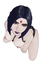 breasts dark_hair forehead_jewel galaad1800 harness kneeling looking_at_viewer looking_up medium_breasts medium_hair nipple_piercing nipples pale-skinned_female pale_skin purple_hair purple_lips rachel_roth raven_(dc) smile smiling spikes