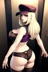 ai_generated ass blonde_female blonde_hair coco_(code_vein) code_vein female female_only hat hotel large_breasts lingerie looking_at_viewer looking_back on_back pale-skinned_female panties red_eyes thick_thighs thighhighs