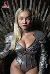 absurdres ai_generated armor blonde_hair celebrity cleavage collar female female_only game_of_thrones highres hourglass_figure joyboyai large_breasts real_person realistic shoulder_pads skimpy_armor solo_female sydney_sweeney throne toned