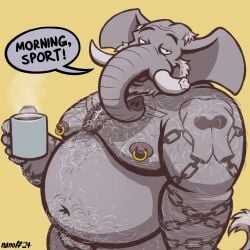 anthro arm_tattoo beard bearded beverage body_hair chest_hair coffee elephant elephantid facial_hair hair hi_res male mammal nanoff nipple_piercing nipples piercing proboscidean pubes solo speech_bubble tattoo text