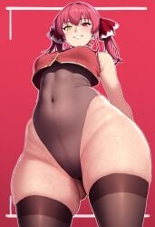 ai_generated bare_shoulders big_thighs covered_navel cropped_jacket enormous_thighs female female_focus female_only hair_ribbon heterochromia hololive houshou_marine huge_thighs leotard massive_thighs pleated_skirt red red_hair shirt simple_background skirt solo solo_female solo_focus sweat sweaty_body thick thick_thighs thighhighs thighs virtual_youtuber youtube youtuber zeca997