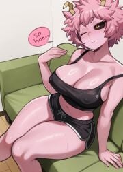 1girls absurdres antennae black_sclera black_shorts boku_no_hero_academia breasts cleavage colored_sclera colored_skin commentary couch english_commentary english_text female highres hot large_breasts melonpuff mina_ashido my_hero_academia on_couch one_eye_closed pink_hair pink_skin short_hair shorts sitting solo speech_bubble sweat yellow_eyes