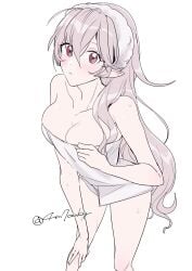 1girls 4m700kg cleavage corrin_(fire_emblem) corrin_(fire_emblem)_(female) fire_emblem fire_emblem_fates grey_hair looking_at_viewer medium_breasts nintendo pointy_ears red_eyes simple_background thighs towel towel_only white_background