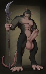 5:8 abs anthro balls big_balls big_penis corrsk digital_media_(artwork) erection fur genitals hi_res holding_object holding_weapon humanoid_genitalia humanoid_penis looking_at_viewer male male_only mammal melee_weapon murid murine muscular muscular_anthro muscular_male nude paws pecs penis rat rodent simple_background skaven solo tail warhammer_(franchise) warhammer_fantasy weapon