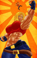 abs belt big_muscles blonde_hair blue_eyes blue_mary breasts extreme_muscles fatal_fury female fingerless_gloves gloves king_of_fighters large_breasts muscles muscular_female pegius snk terry_bogard veins