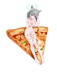 absurdres animal_ear_fluff animal_ears bare_legs barefoot blue_archive blue_eyes blue_halo blush breasts closed_mouth cross cross_hair_ornament extra_ears female food full_body gang_shi_shao_e_fan grey_hair hair_ornament halo hand_up highres inverted_cross looking_at_viewer medium_breasts mismatched_pupils pizza shiroko_(blue_archive) short_hair shrimp simple_background sitting_on_food smile solo thighs toes white_background wolf_ears wolf_girl