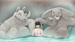 2girls1boy anthro chilling chubby curvy doctordj elephant female_anthro hot_tub huge_breasts human_male rhinoceros size_difference topless