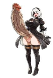 ai_assisted big_breasts big_hips big_lips big_penis black_dress erection futanari high_heels nier:_automata penis short_hair sultrybunny testicles thigh_high_boots thigh_high_stockings transparent_background uncensored white_hair yorha_2b