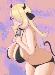 1girls 2024 animal_tail ass belly_button big_breasts bikini black_bikini blonde_hair blush blushing breast_squeeze breasts busty cleavage clothed clothed_female clothing collaboration cow_horns cow_tail cowbell curvaceous curvy cynthia_(pokemon) deep_skin embarrassed fake_horns fake_tail female front_view hair hair_over_one_eye hi_res huge_breasts human i_heart_girls1 large_breasts leaning_forward legs_together light-skinned_female light_skin long_hair looking_at_viewer navel parallaxfused pokemon pokemon_dppt pose posing skindentation solo standing stomach tail thighs very_long_hair voluptuous wide_hips