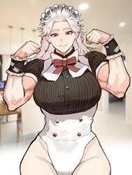 big_breasts big_breasts big_breasts breasts breasts breasts clothed clothes clothing dorohedoro earrings hips leotard long_hair long_hair_female maid maid_outfit maid_uniform muscular muscular_female noi_(dorohedoro) ongjolpark red_hair thick_hips tie white_hair white_hair_female wide_hips